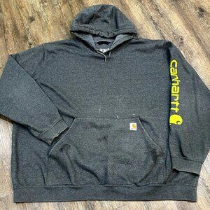 Carhartt Mens Pullover Hoodie 3XL Gray Logo Loose Fit Workwear Pocket FLAWS READ